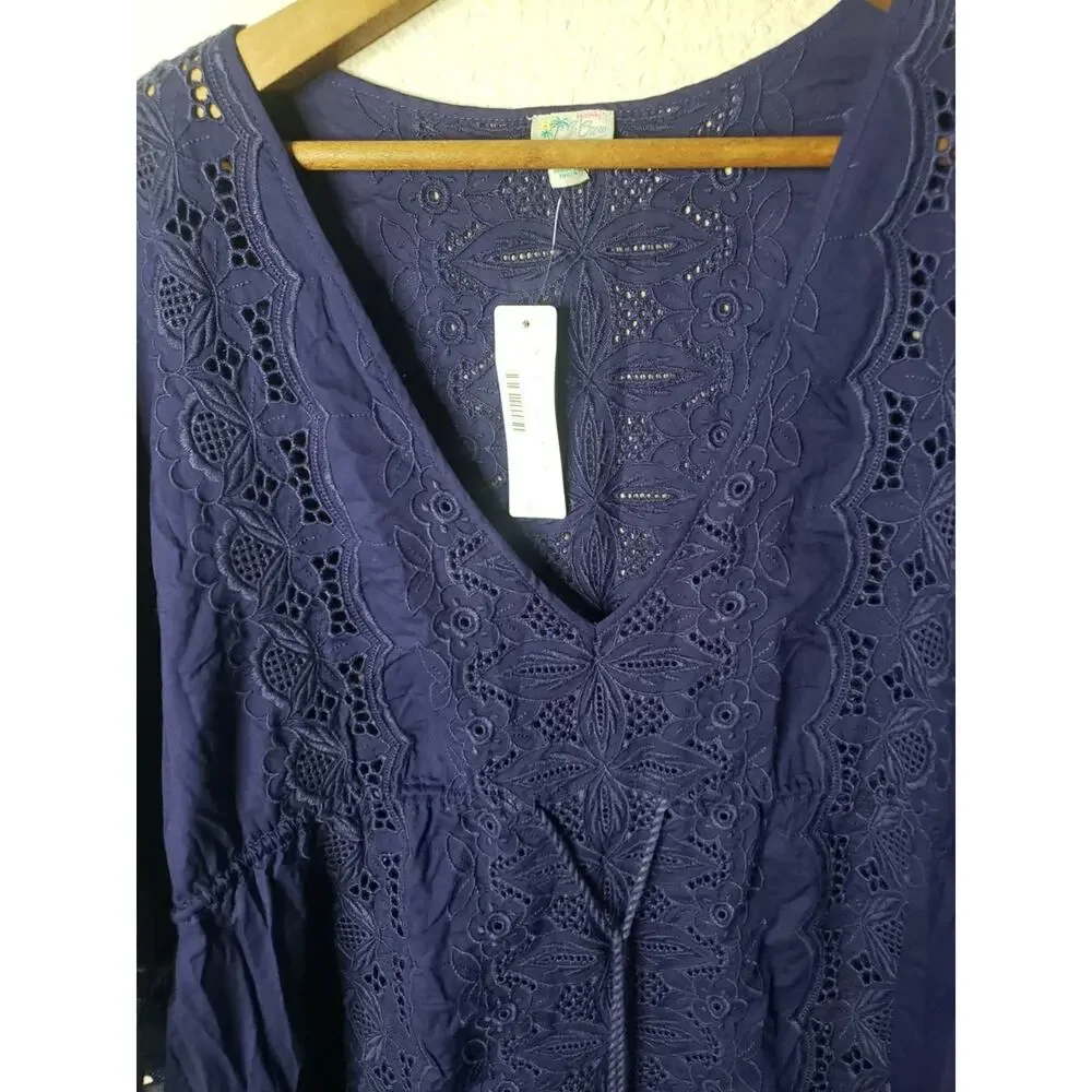 J Crew Re-imagined Blue Embroidered Floral Caftan Cover Up Tunic Top MEDIUM